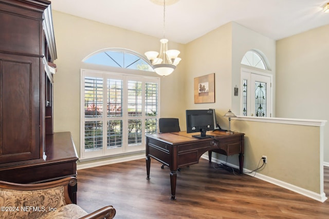 office space with a chandelier and dark hardwood / wood-style flooring