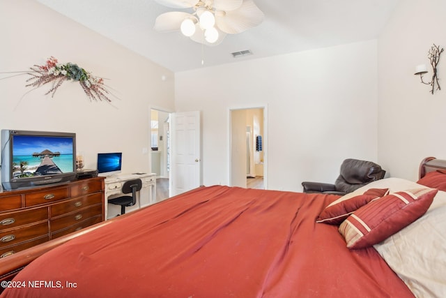 bedroom featuring ceiling fan and ensuite bath