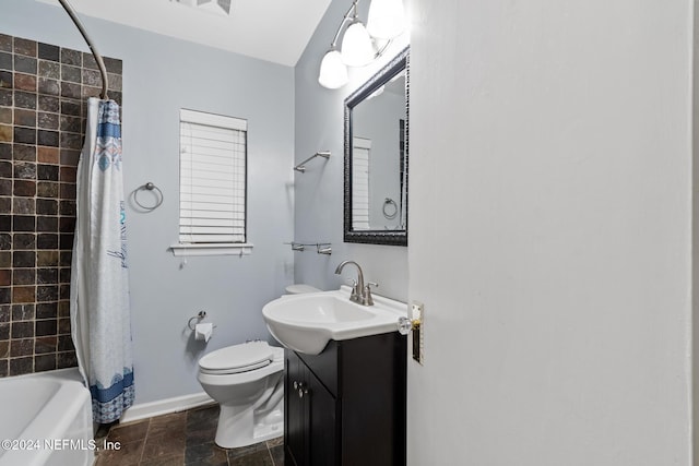 full bathroom with vanity, shower / bath combination with curtain, and toilet