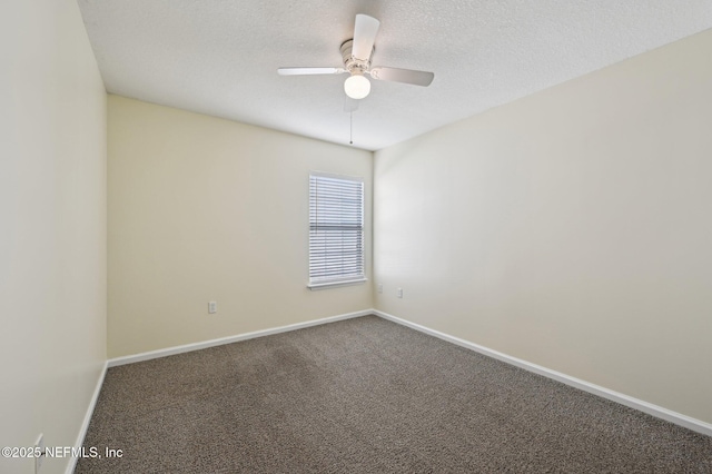 empty room with carpet flooring, a textured ceiling, and ceiling fan