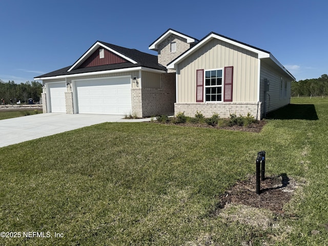8195 Elsdon St, Jacksonville, FL 32219 - view of front facade with driveway, a front yard, brick siding, board and batten siding, and a garage