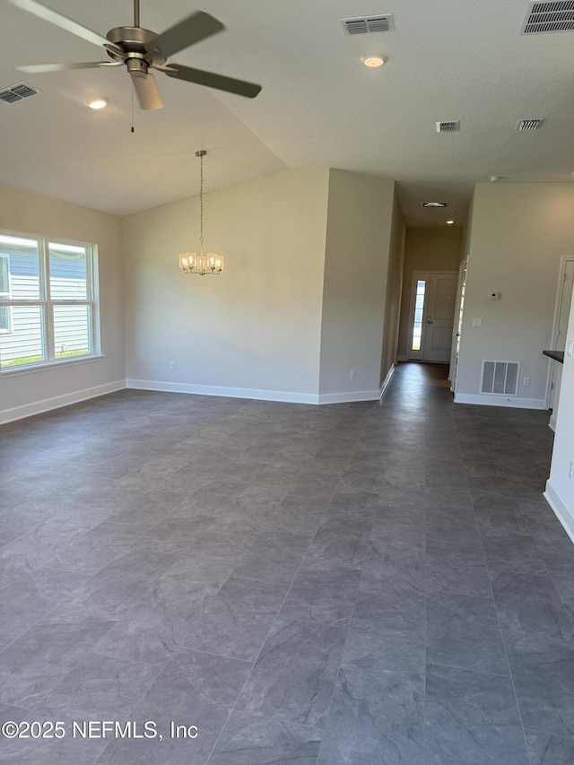 8195 Elsdon St, Jacksonville, FL 32219 - unfurnished room featuring ceiling fan with notable chandelier, baseboards, and visible vents