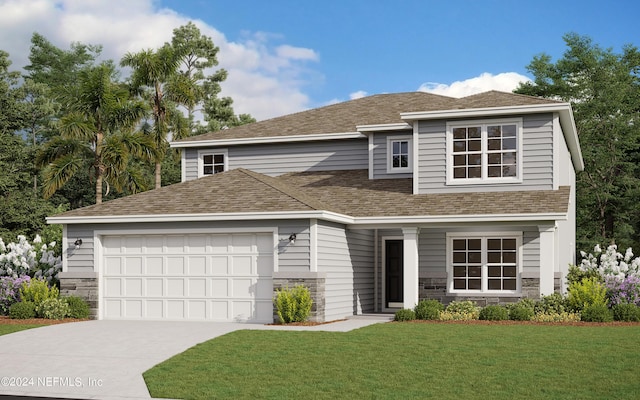 view of front facade featuring a front lawn and a garage