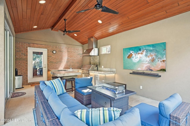 interior space with lofted ceiling with beams, wood ceiling, and brick wall