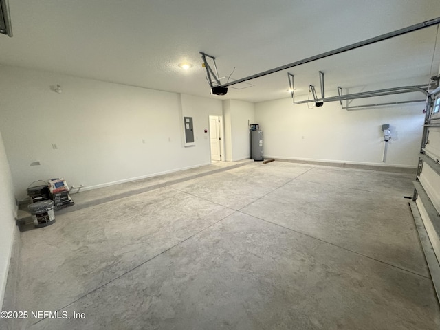 garage with water heater, a garage door opener, and electric panel