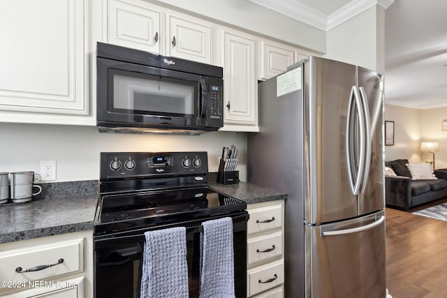 kitchen with white cabinets, wood-type flooring, crown molding, and black appliances