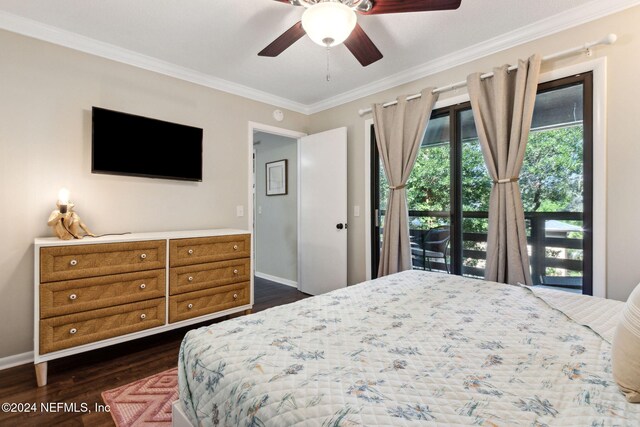 bedroom with access to outside, crown molding, ceiling fan, and dark wood-type flooring