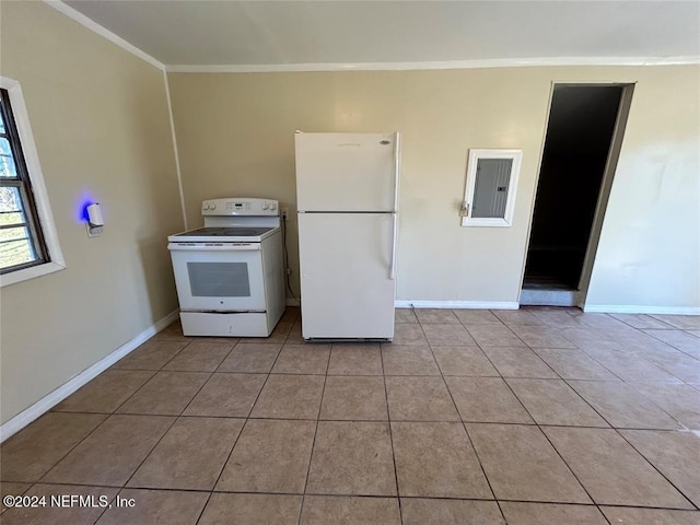 kitchen featuring white appliances and ornamental molding