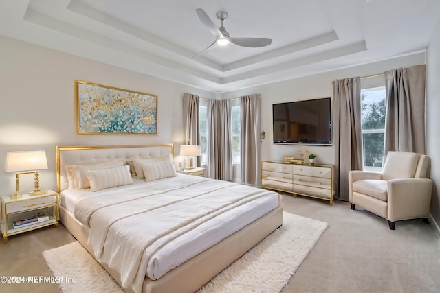 bedroom featuring carpet, ceiling fan, and a tray ceiling