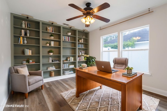 office area featuring hardwood / wood-style floors and ceiling fan