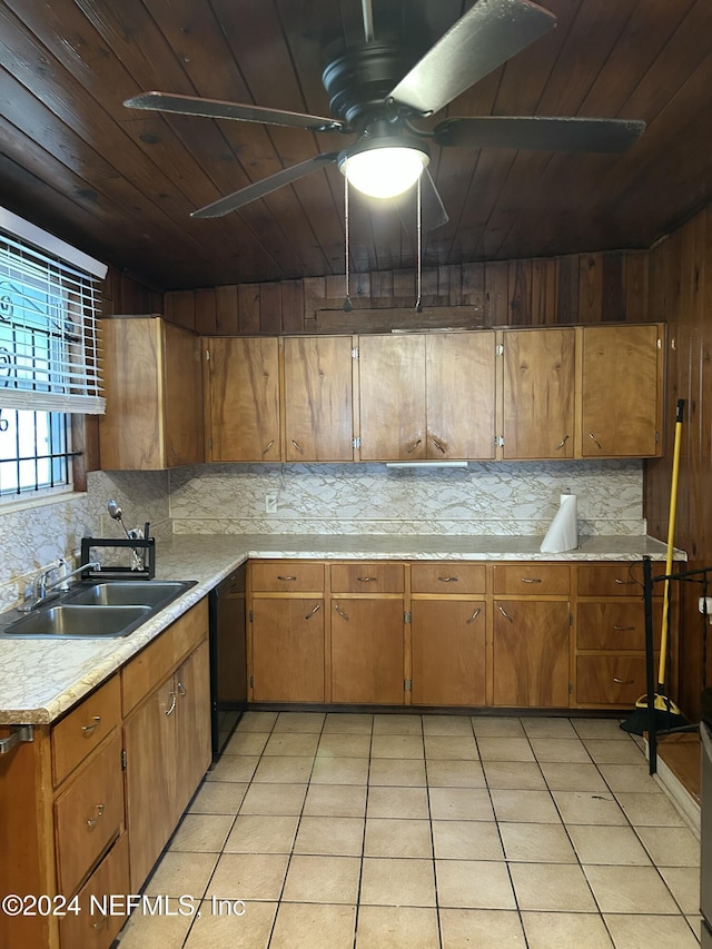 kitchen with dishwasher, sink, decorative backsplash, light tile patterned flooring, and wood ceiling