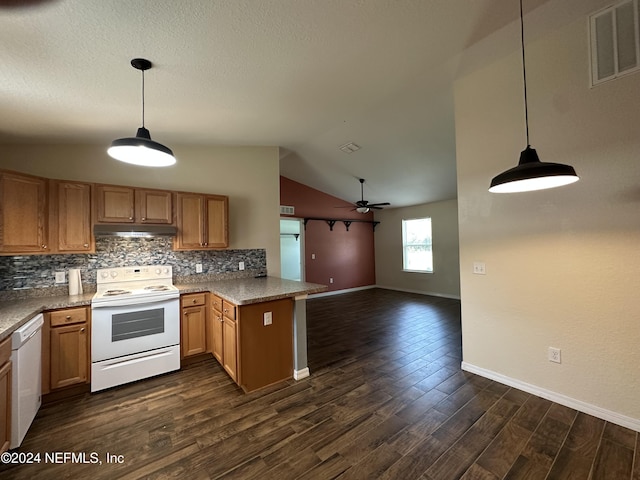 kitchen with lofted ceiling, white appliances, kitchen peninsula, and hanging light fixtures