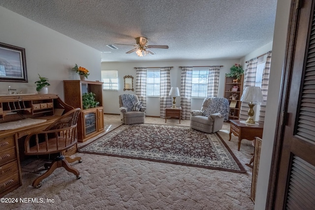 carpeted home office featuring a textured ceiling, ceiling fan, and a healthy amount of sunlight