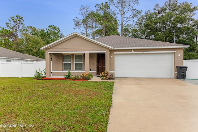 ranch-style house featuring a porch, a garage, and a front lawn