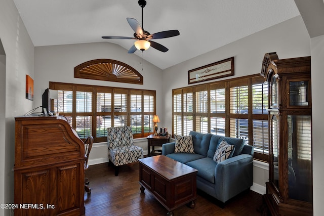 living room with high vaulted ceiling, a wealth of natural light, dark wood-type flooring, and ceiling fan