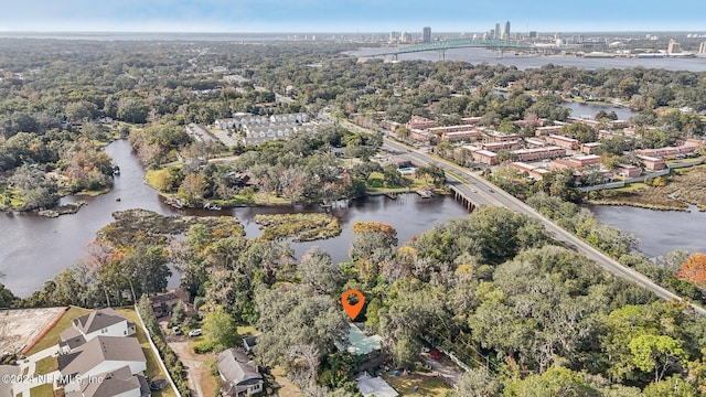 bird's eye view with a water view