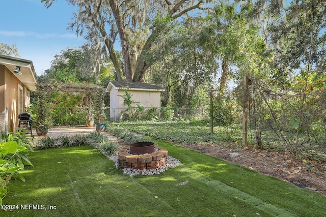 view of yard featuring a storage shed