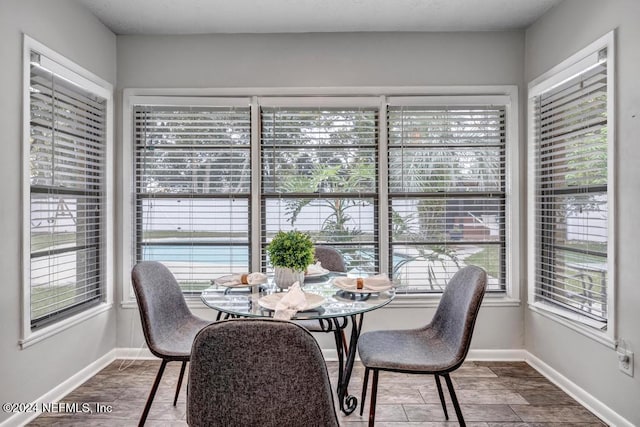 dining area with wood-type flooring and a wealth of natural light