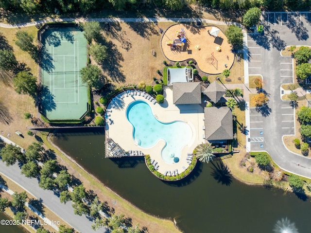 aerial view featuring a water view