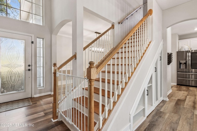 foyer entrance with a wealth of natural light, a towering ceiling, and dark wood-type flooring