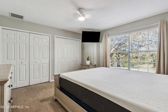 bedroom with a textured ceiling, light colored carpet, ceiling fan, and multiple closets