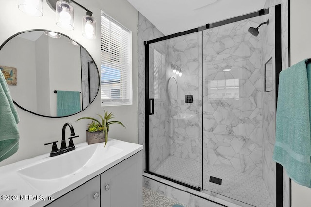 bathroom featuring vanity and walk in shower