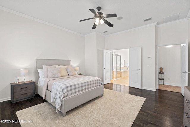 bedroom featuring ornamental molding, ensuite bathroom, ceiling fan, and dark wood-type flooring