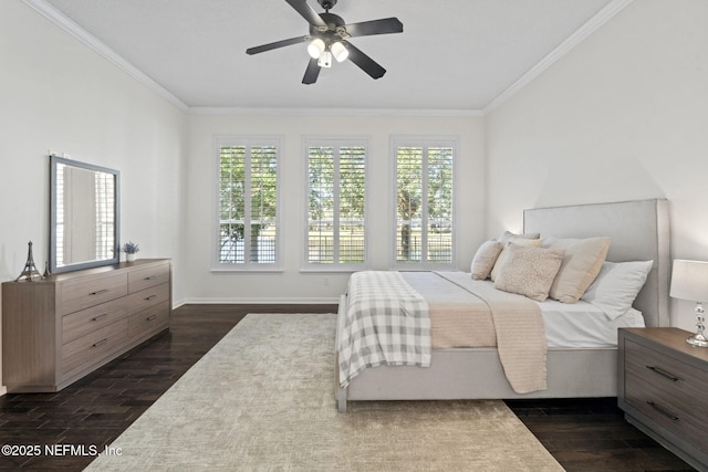 bedroom with multiple windows, dark hardwood / wood-style floors, ceiling fan, and crown molding