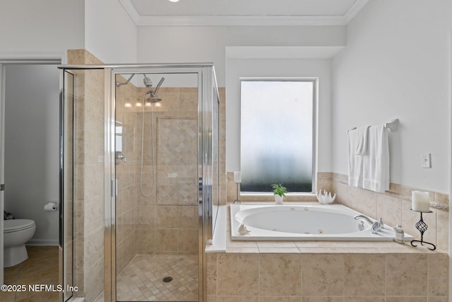 bathroom with crown molding, independent shower and bath, and toilet