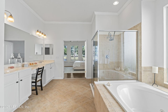 bathroom with shower with separate bathtub, vanity, and ornamental molding