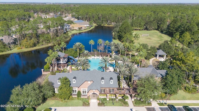 drone / aerial view featuring a water view