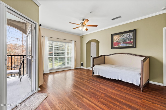 bedroom with ceiling fan, dark hardwood / wood-style floors, ornamental molding, and access to outside