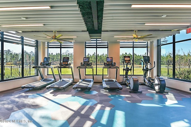 gym with ceiling fan and a wealth of natural light