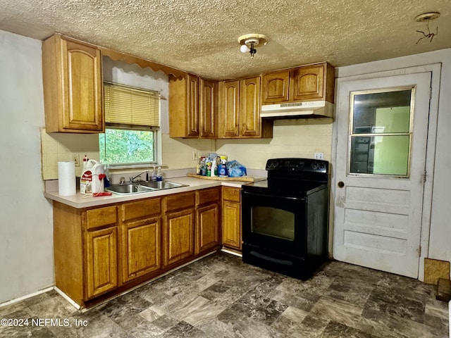 kitchen featuring black / electric stove, sink, and a textured ceiling