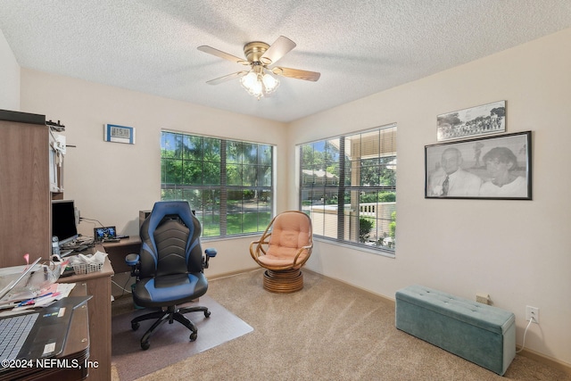 carpeted home office with ceiling fan and a textured ceiling