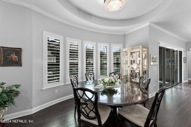 dining room with a raised ceiling, crown molding, and dark wood-type flooring