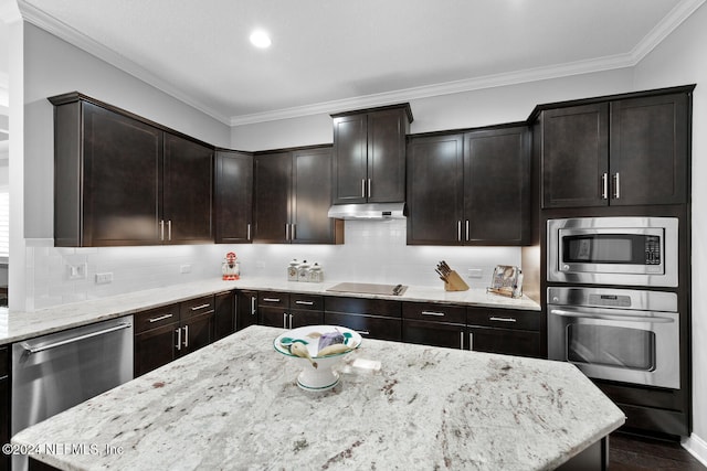 kitchen featuring dark brown cabinetry, decorative backsplash, ornamental molding, and appliances with stainless steel finishes