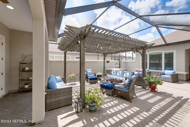 view of patio featuring an outdoor living space, a lanai, and a pergola