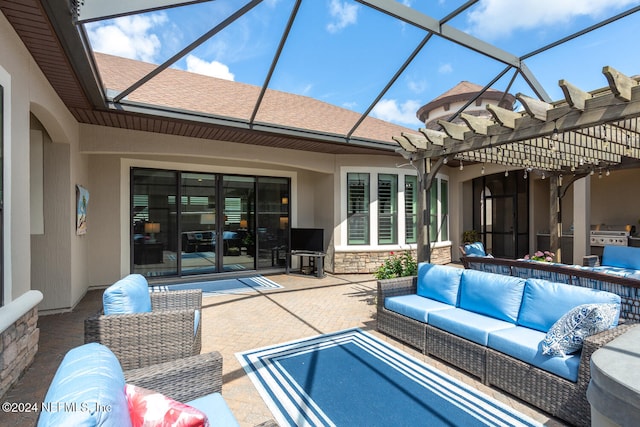 view of patio with glass enclosure and an outdoor hangout area