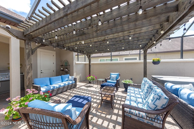 view of patio featuring an outdoor living space and a pergola