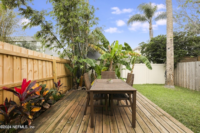 wooden deck featuring a lawn