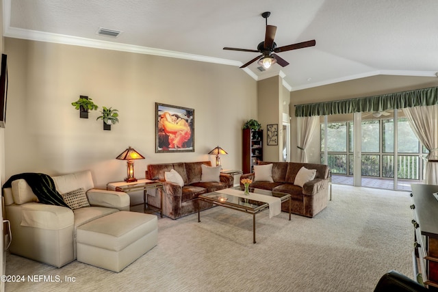 carpeted living room featuring crown molding, ceiling fan, and lofted ceiling