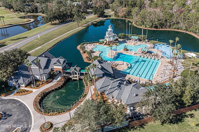 birds eye view of property featuring a water view