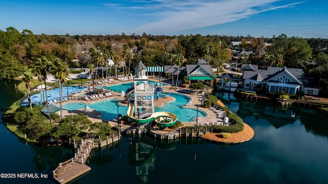 aerial view featuring a water view