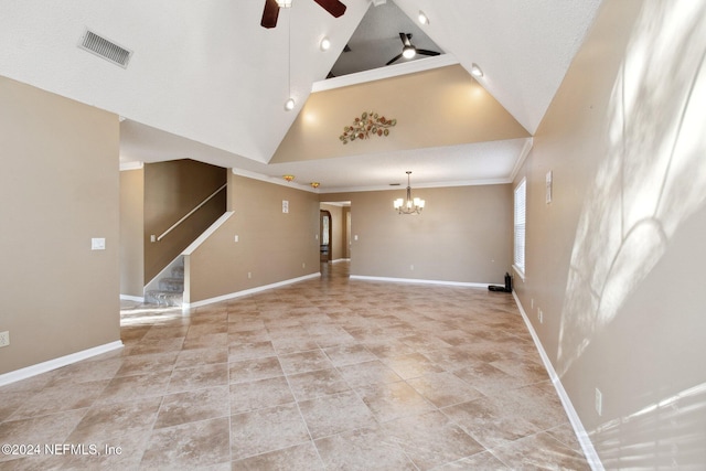 unfurnished living room featuring a textured ceiling, high vaulted ceiling, ceiling fan with notable chandelier, and ornamental molding