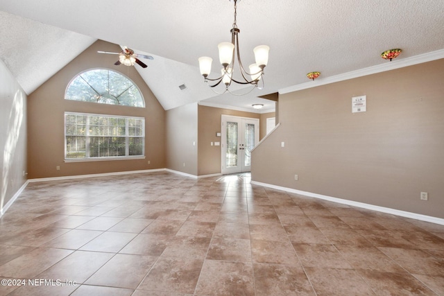 interior space with french doors, crown molding, a textured ceiling, light tile patterned flooring, and ceiling fan with notable chandelier