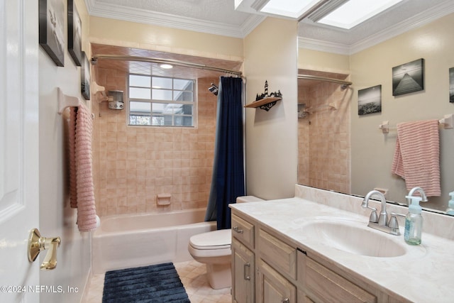 full bathroom featuring shower / bath combo, crown molding, a textured ceiling, toilet, and vanity