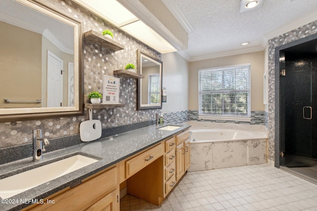 bathroom featuring vanity, plus walk in shower, tile patterned floors, crown molding, and a textured ceiling