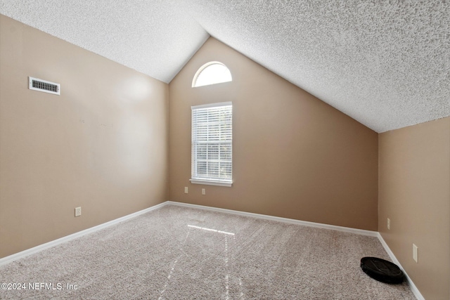 bonus room with a textured ceiling, carpet floors, and lofted ceiling