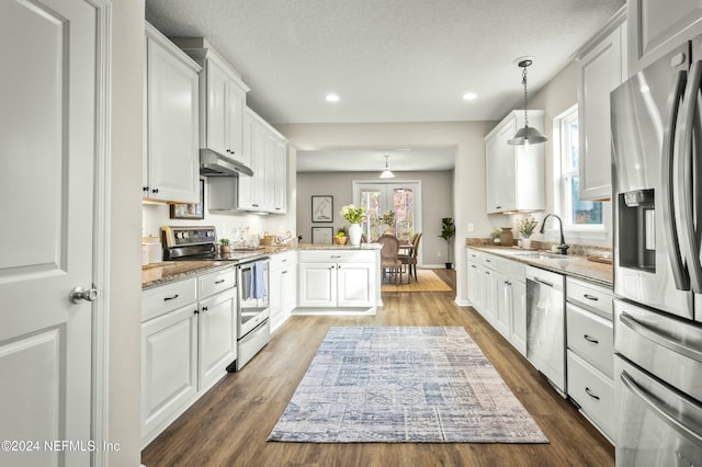 kitchen with white cabinets, appliances with stainless steel finishes, decorative light fixtures, and a wealth of natural light